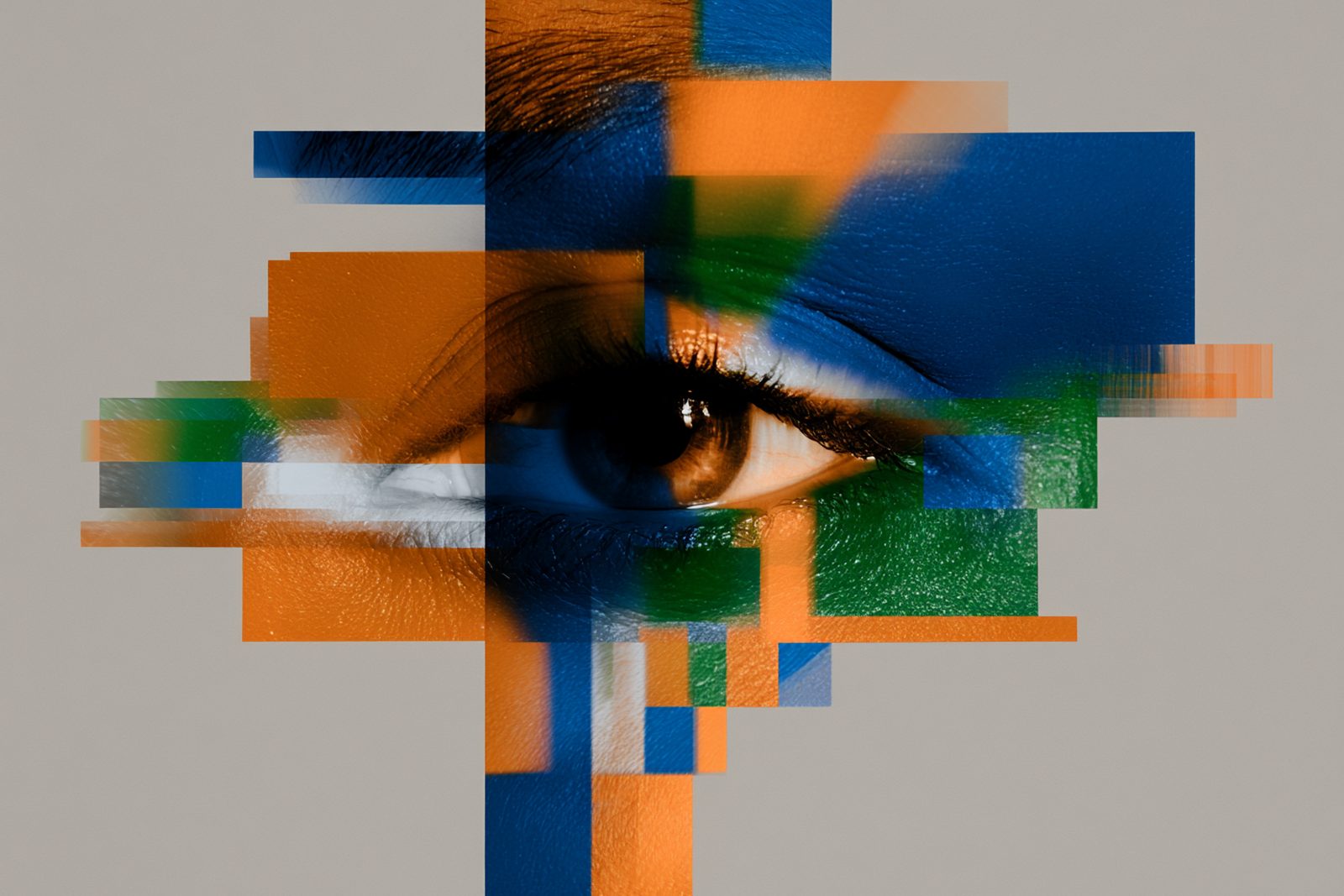 Fragmented close-up of a human eye, split into shifted color blocks
