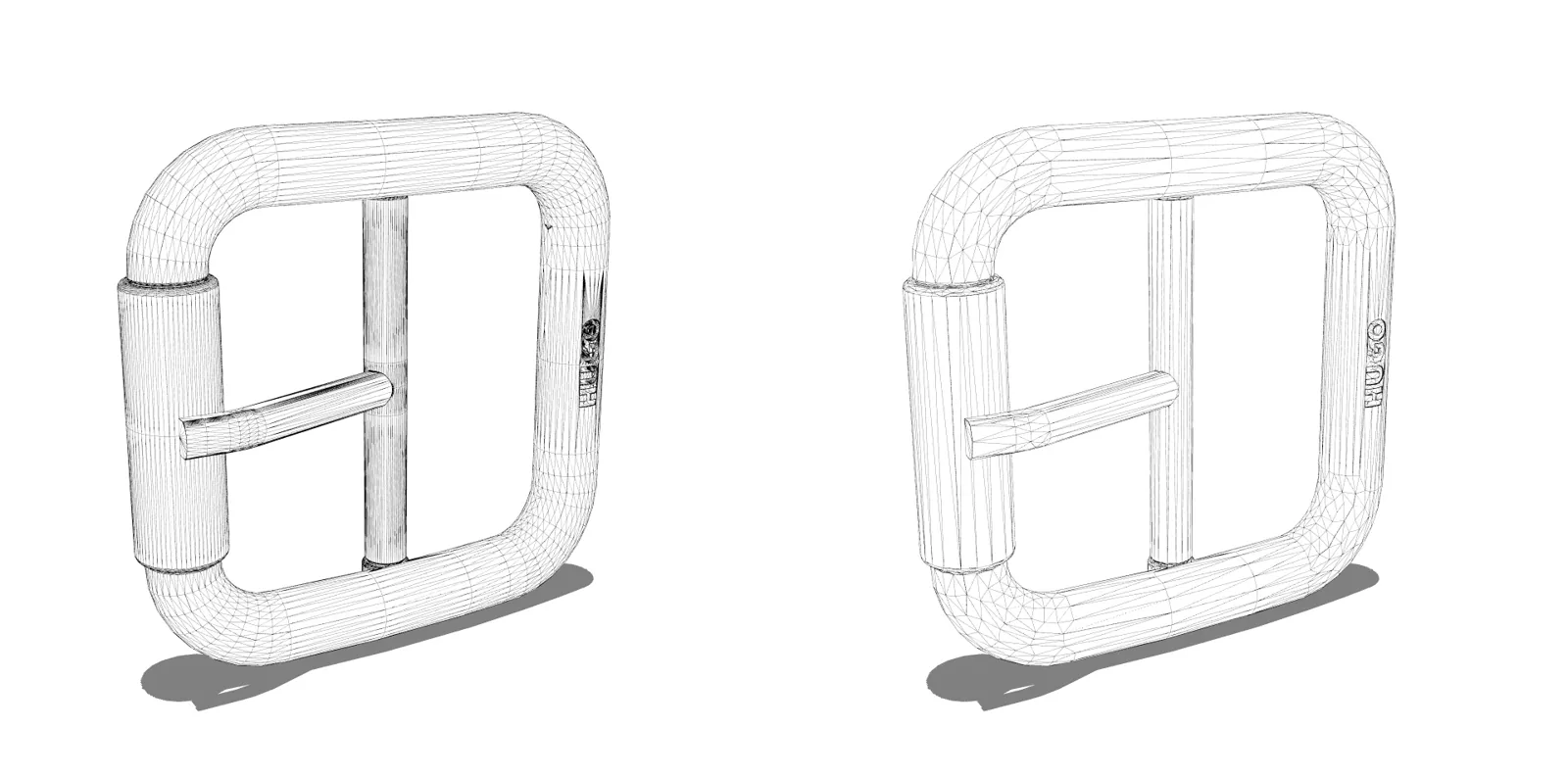 Wireframe comparison of a metal buckle: dense source mesh on the left, optimized mesh on the right, silhouette and engraved logo preserved.