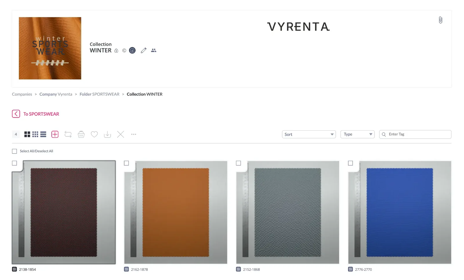 A winter sportswear collection in the DMIx library: four scanned fabrics, each with its article number, ready for 3D and production.