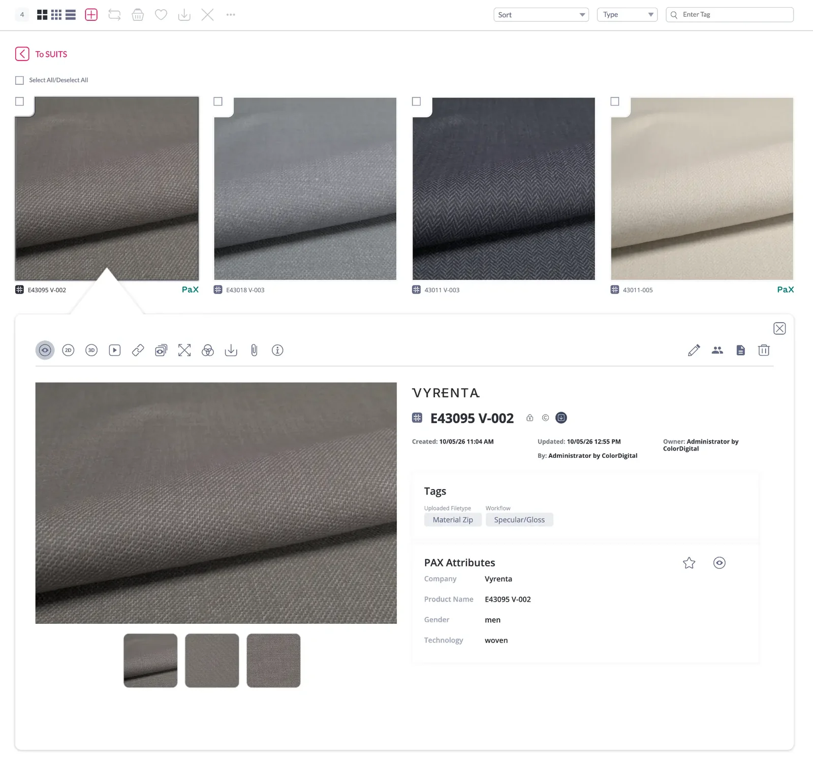 A suiting collection in the DMIx library: each fabric with its digital twin images, tags and PaX attributes such as company, product name and technology.
