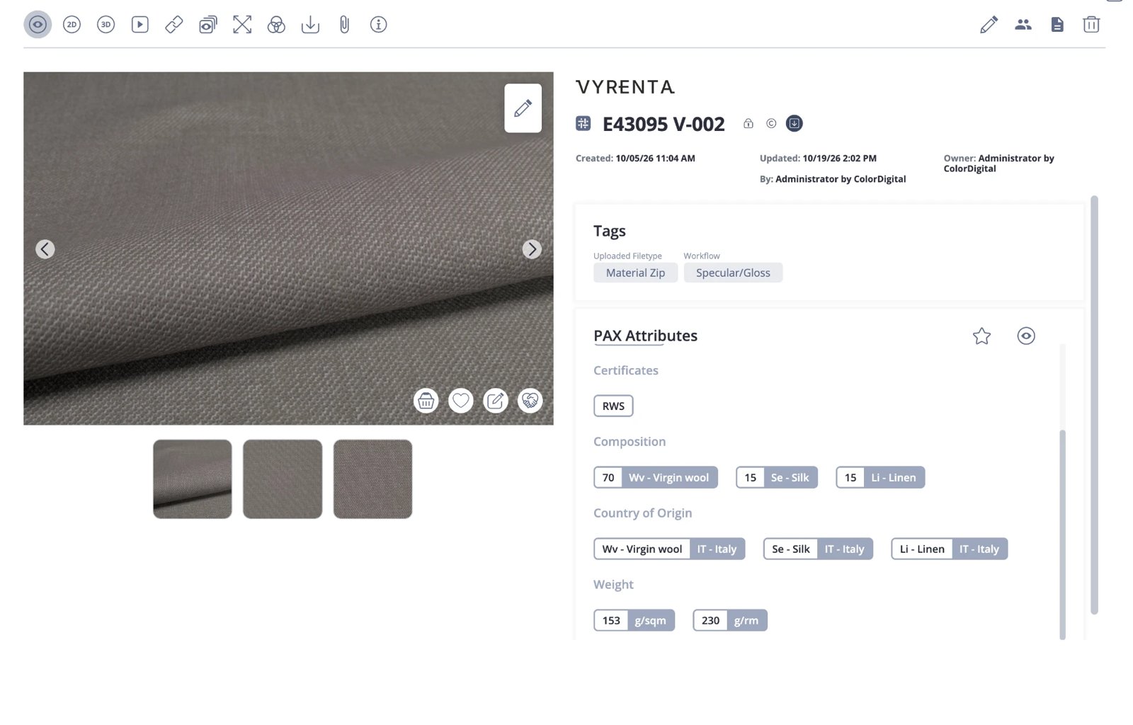 Material E43095 V-002 in DMIx with images, certificate, composition, country of origin and weight