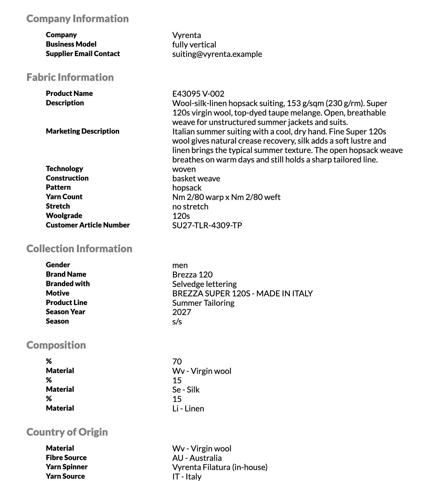 Master data sheet of material E43095 V-002 with company, fabric, collection, composition and origin information
